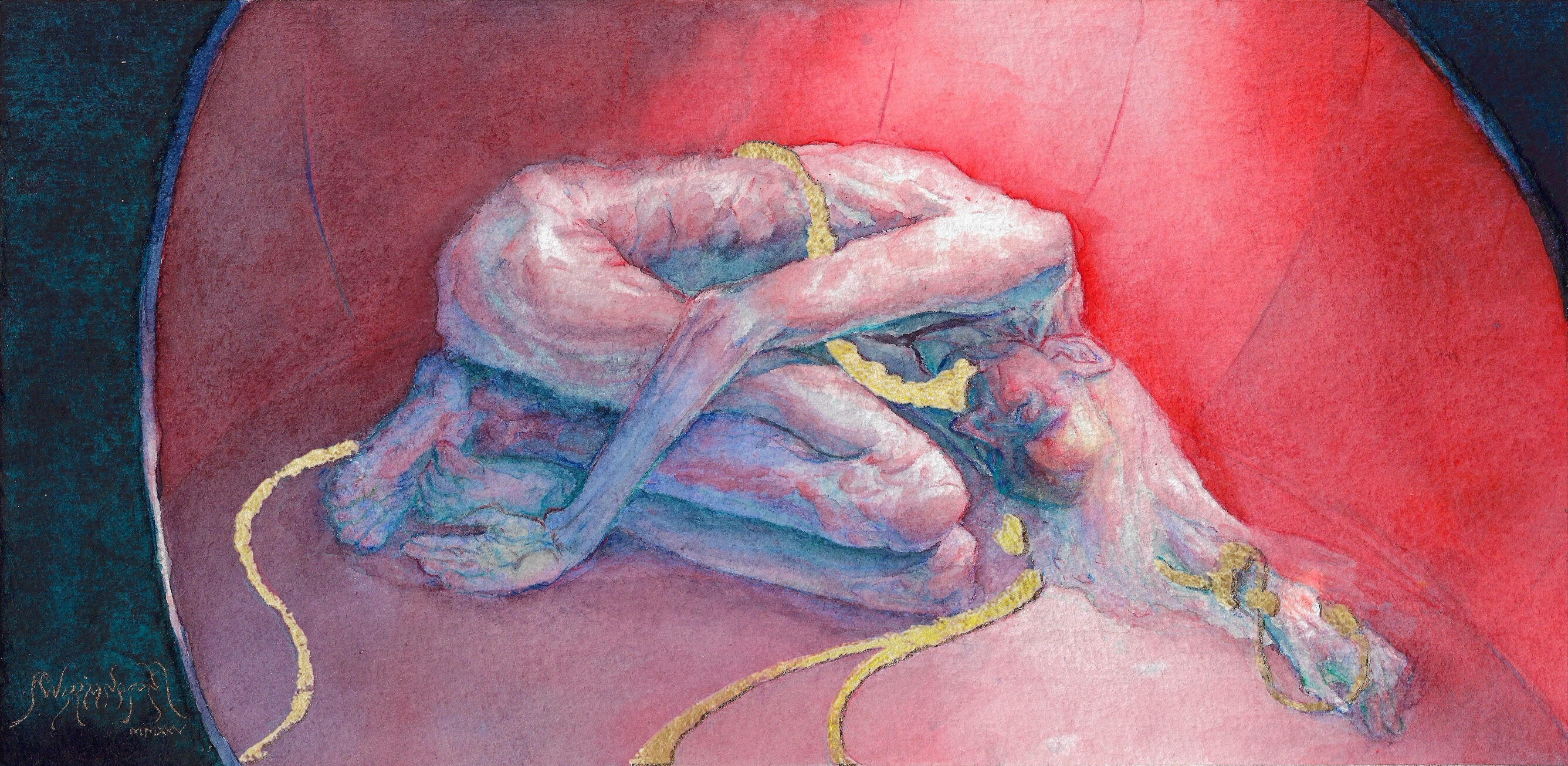 Les Récupérateurs #2, 2025. Aquarelle et dorure sur papier, 16 x 33 cm. Publié dans Etherval n°24. Auteur : Constantino Listowski.