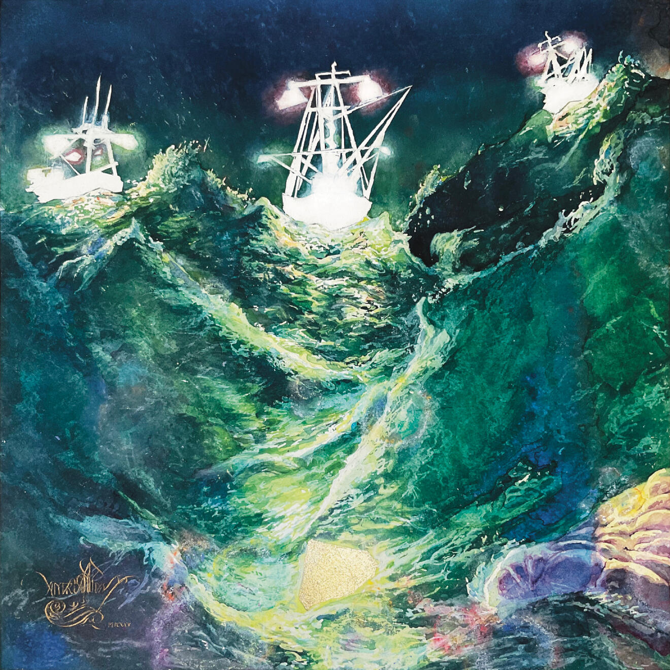 Les Récupérateurs #1, 2025. Aquarelle, pastels et dorure sur papier, 36 x 36 cm. Publié dans Etherval n°24. Auteur : Constantino Listowski.