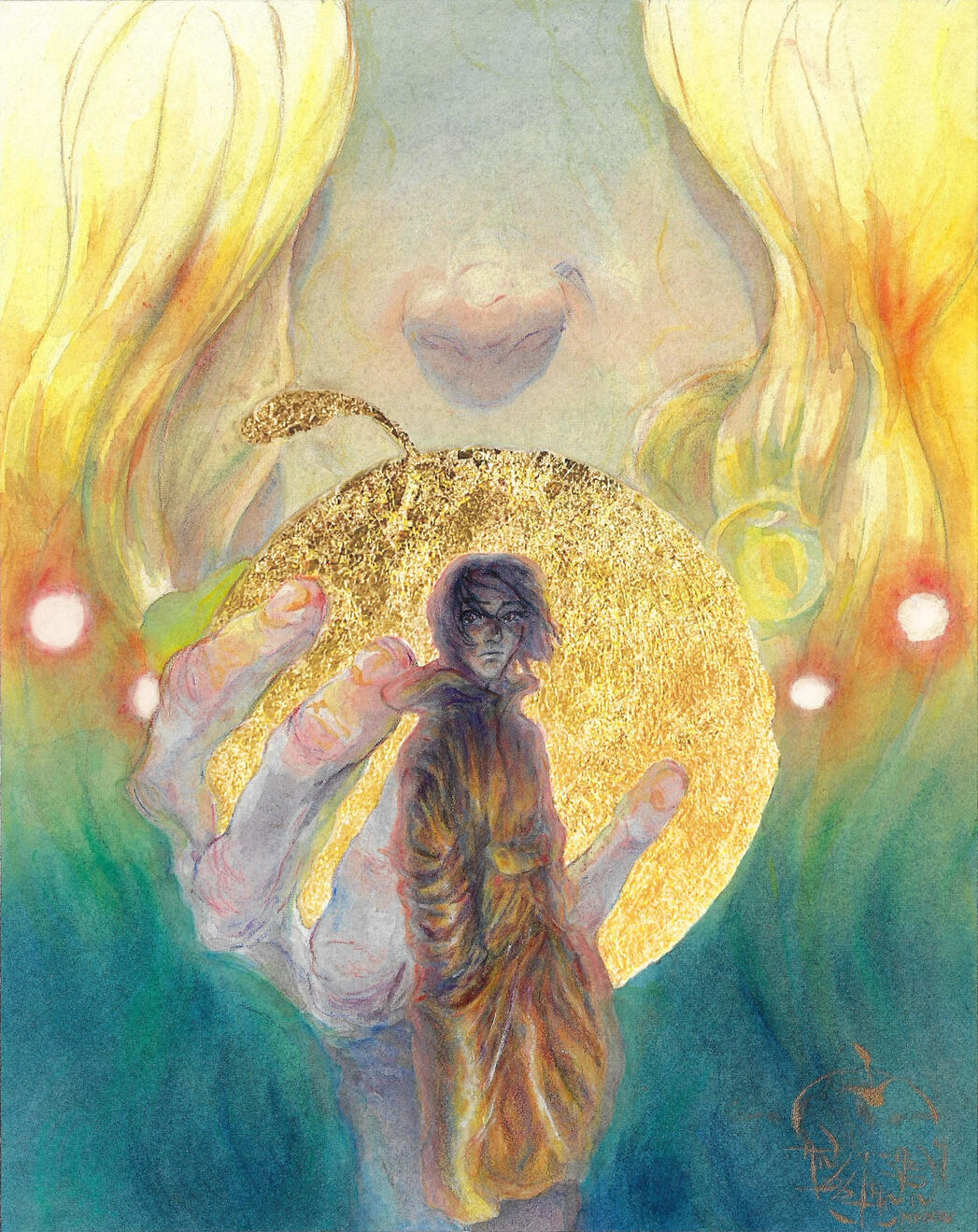 Les Récupérateurs #3, 2025. Aquarelle, pastels et dorure sur papier, 19 x 24 cm. Publié dans Etherval n°24. Auteur : Constantino Listowski.